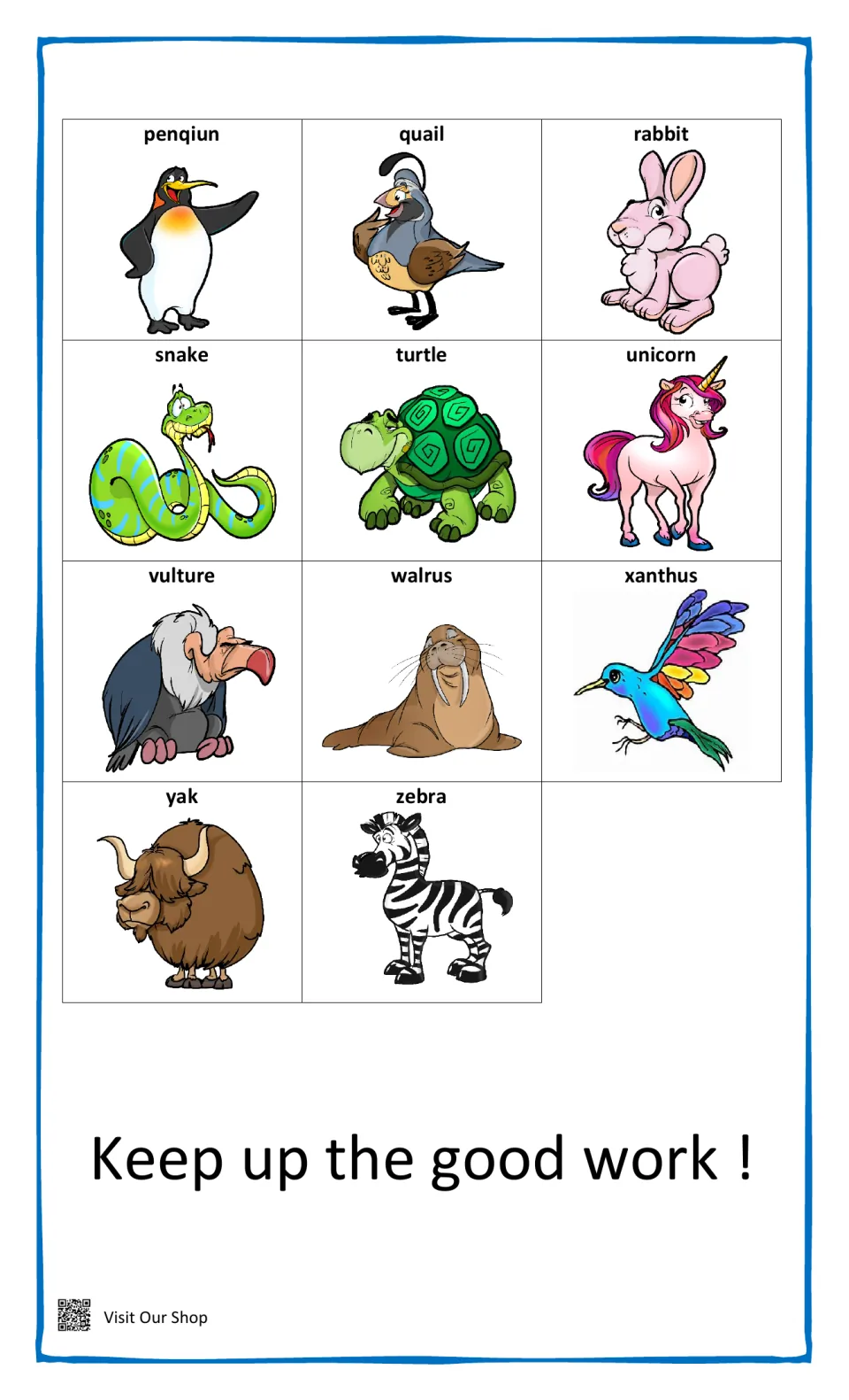 Beginning-letter matching sheet 2: 11 animal pictures for p–z, including quail, unicorn, xanthus and zebra.