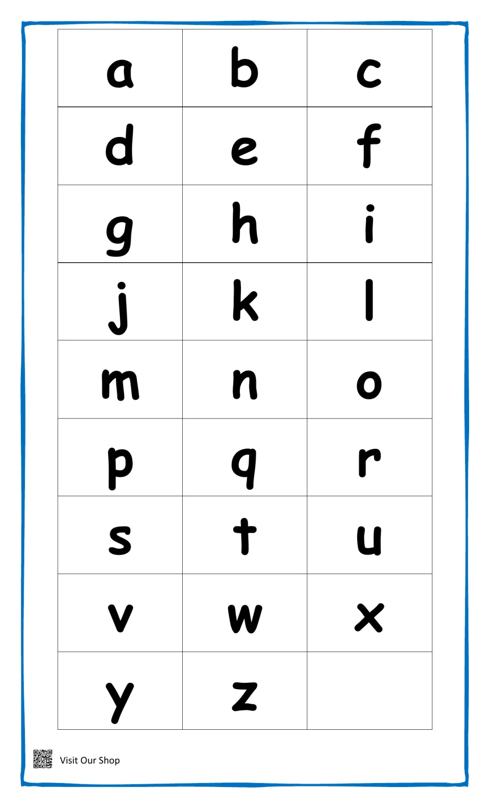 Lowercase letters a–z to cut out and match to the 26 animal pictures on the two beginning-letter sheets.