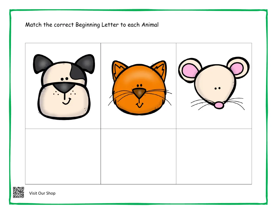 Beginning letter match with pets: students write or place the first letter under a dog, a cat and a mouse face