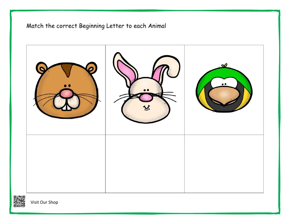 Beginning letter match: students find the first letter for a hamster, a rabbit and a parrot and put it below each face