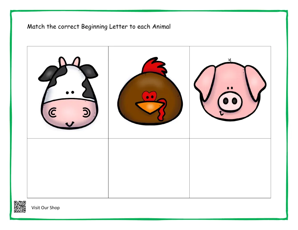 Farm animal first letters: students match the beginning letter to a cow, a rooster and a pig, writing it below each