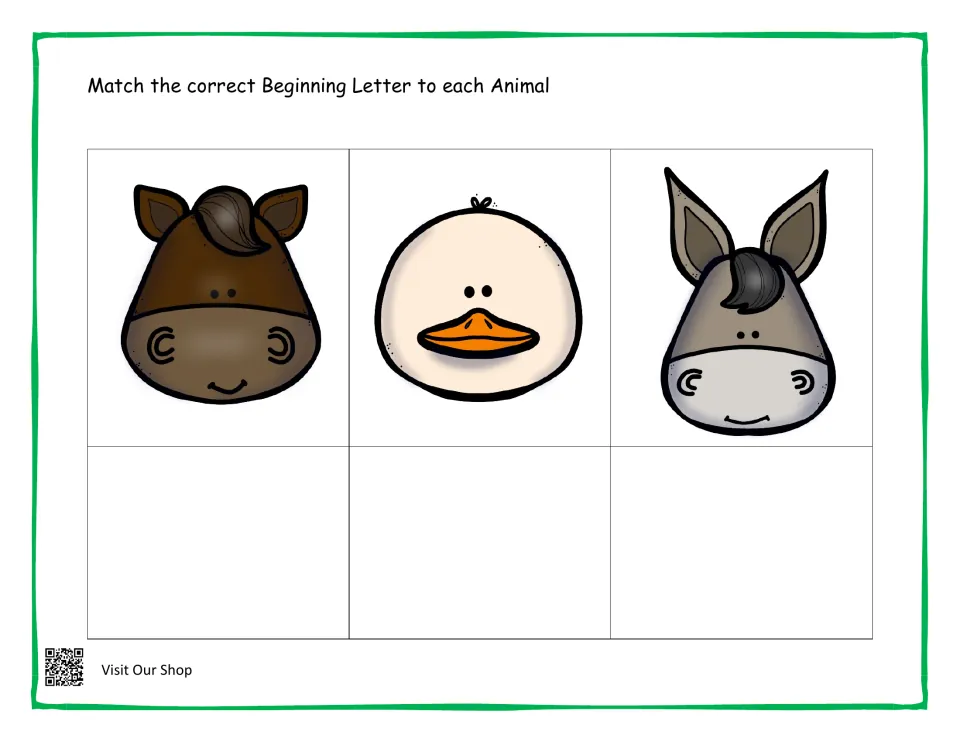 Beginning letter match: students write the starting letter for a horse, a duck and a donkey under each animal's face