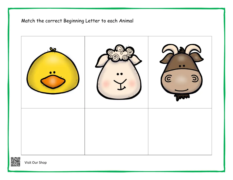 Initial sound match: students pair the first letter with a yellow baby bird, a sheep and a goat, adding it below each one