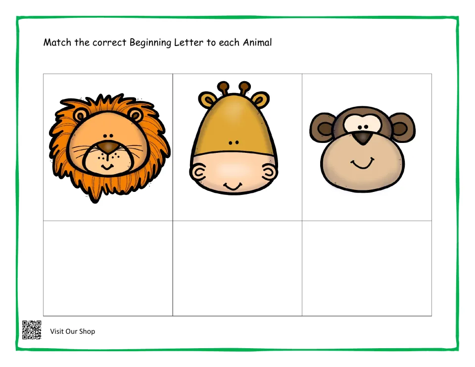 Zoo animal letter match: students identify the beginning letter for a lion, a giraffe and a monkey and write it below