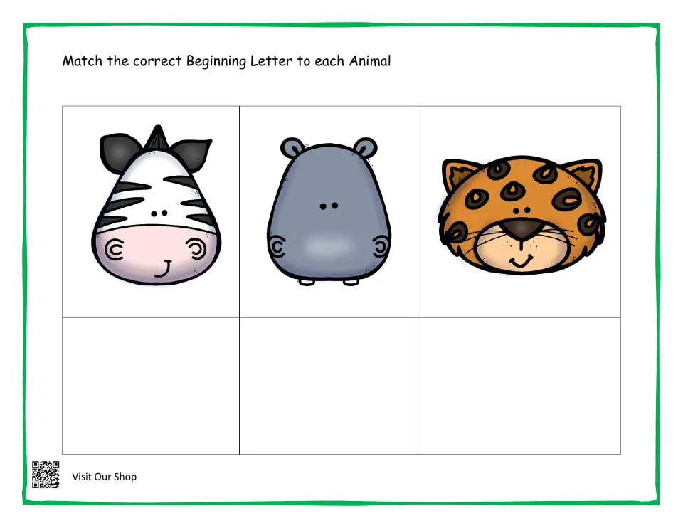 Beginning letter match with safari animals: students supply the first letter for a zebra, a hippo and a spotted wild cat