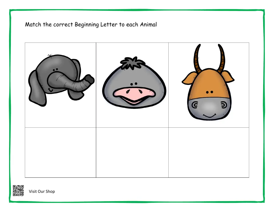 First-letter match: students give the beginning letter for an elephant, a gray bird with a pink bill and a horned antelope