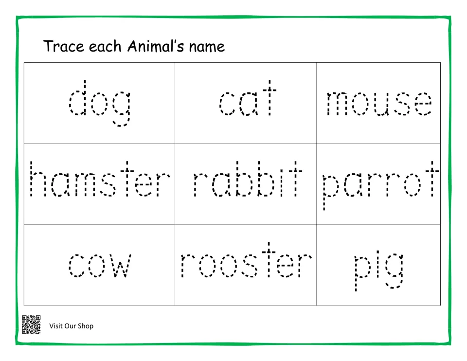 Handwriting practice: students trace dotted animal names dog, cat, mouse, hamster, rabbit, parrot, cow, rooster and pig