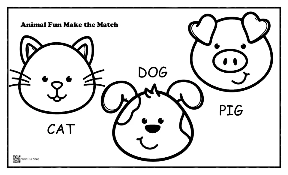 Animal matching mat: labeled outline faces of a cat, dog and pig for children to match with colored cut-outs