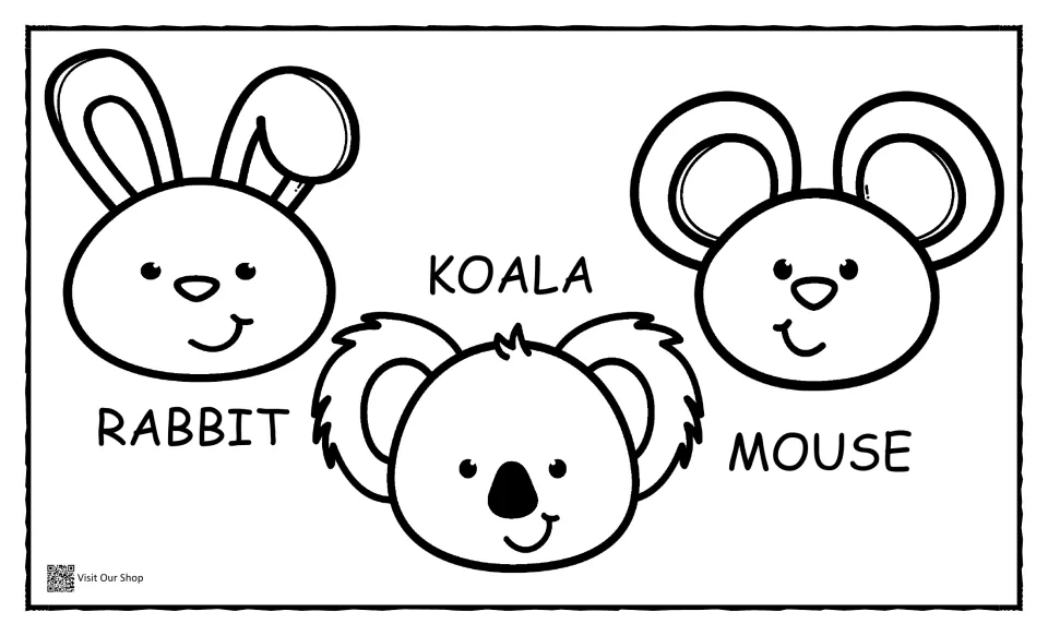 Rabbit, koala and mouse matching mat: labeled outline faces where children place the matching color pictures