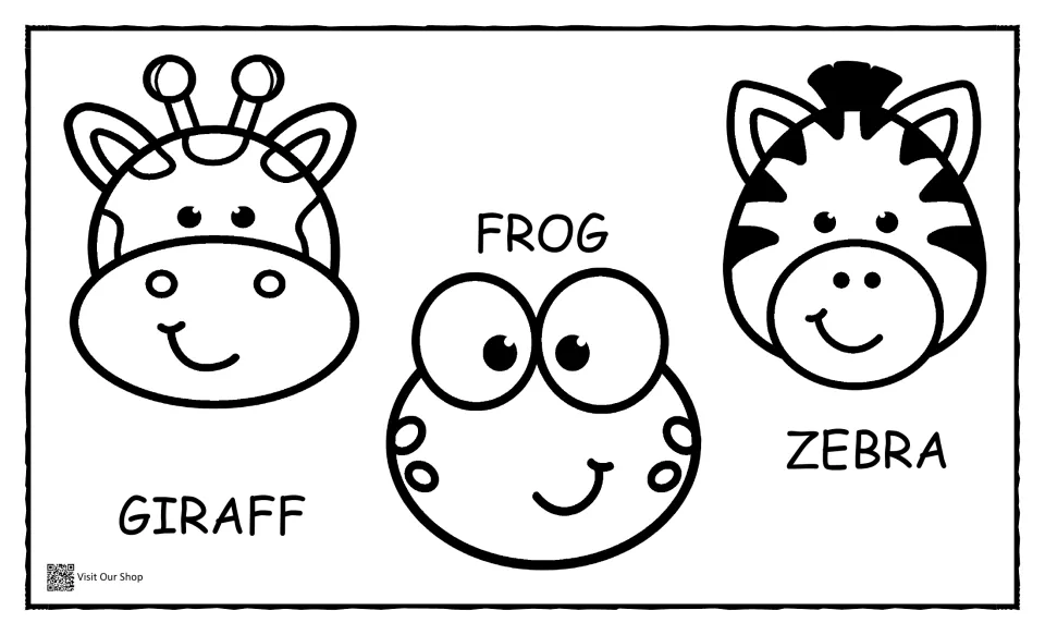 Giraffe, frog and zebra matching mat: outline faces labeled by name for children to cover with matching color cut-outs