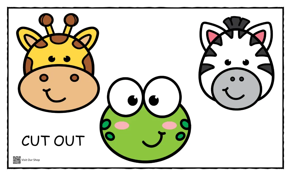 Cut-out pieces: color faces of a giraffe, frog and zebra for children to cut out and place on the matching outlines
