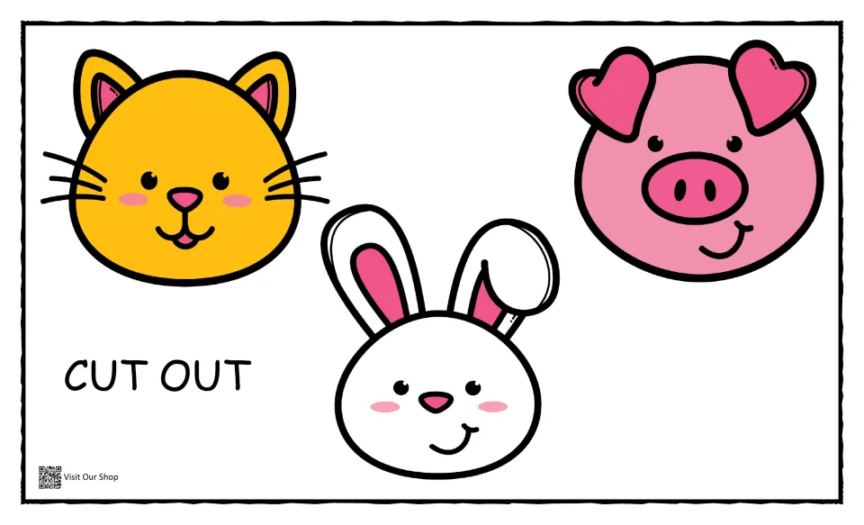 Cut-out pieces: color faces of a cat, pig and rabbit to cut apart and match to the same animals on the outline mats