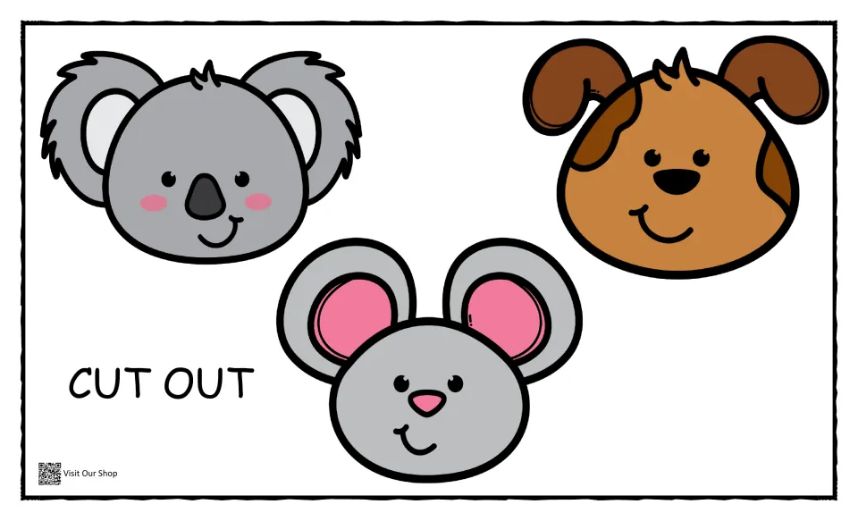 Cut-out pieces: color faces of a koala, dog and mouse for children to cut out and match to the labeled outline animals