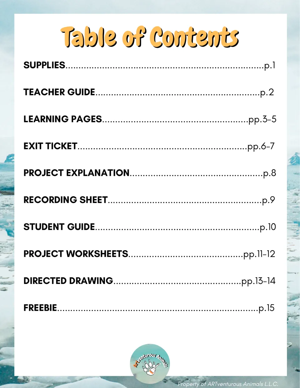 Table of contents listing supplies, teacher guide, learning pages, exit ticket, recording sheet and project worksheets