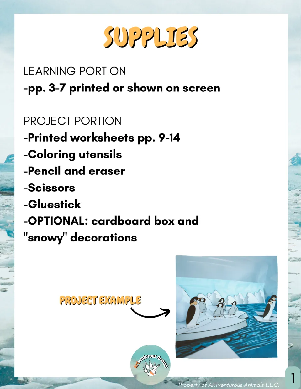 Supplies for the learning and project portions: worksheets, coloring tools, scissors, glue and a penguin diorama photo