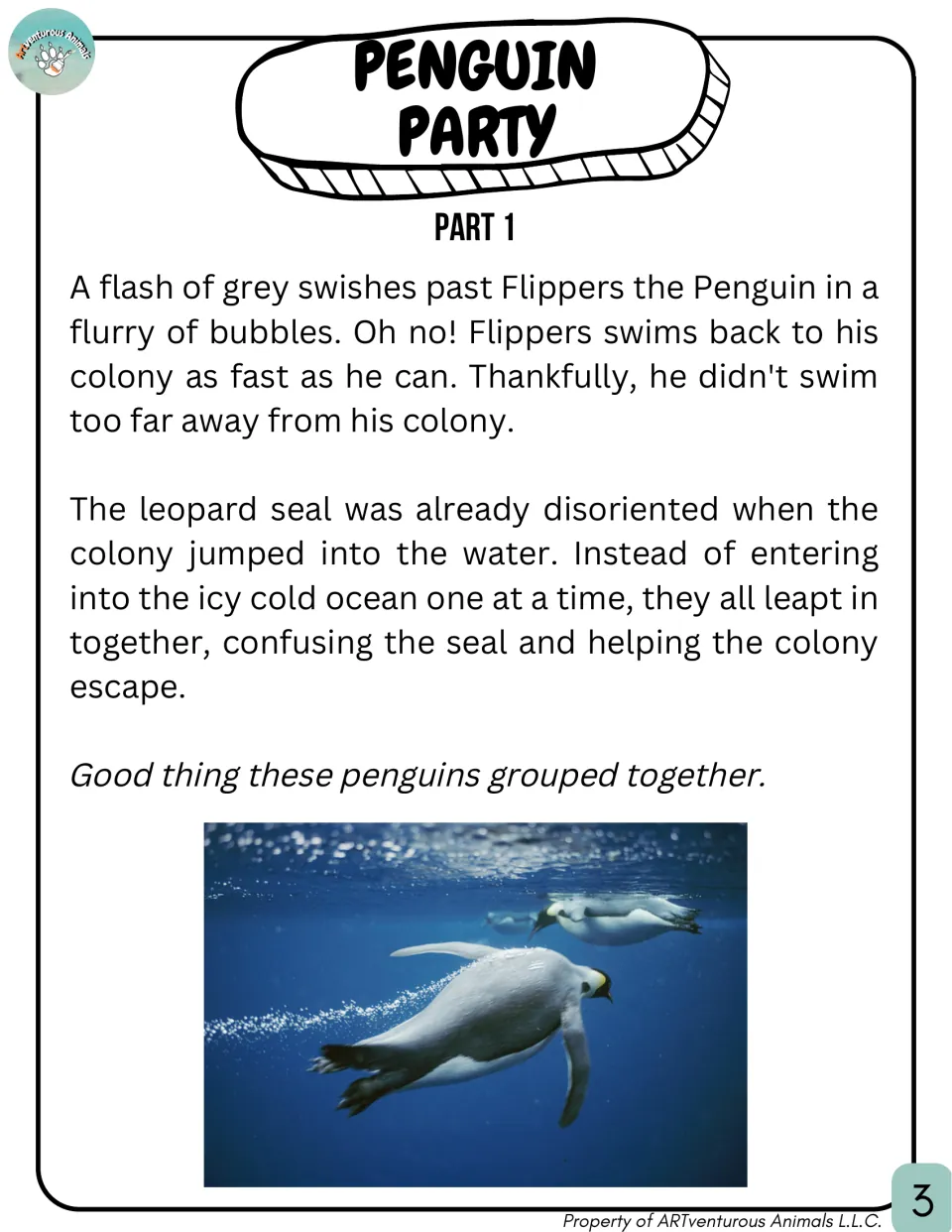 Penguin Party Part 1 story: Flippers the Penguin's colony leaps into the sea together to confuse a leopard seal and escape