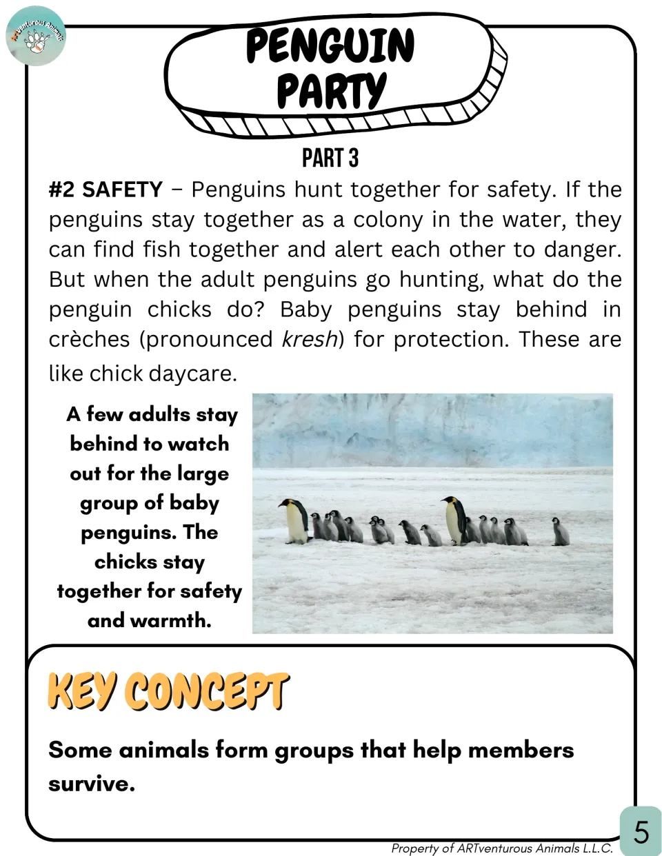 Penguin Party Part 3, safety: penguins hunt together while chicks wait in crèches, ending with the key concept on groups
