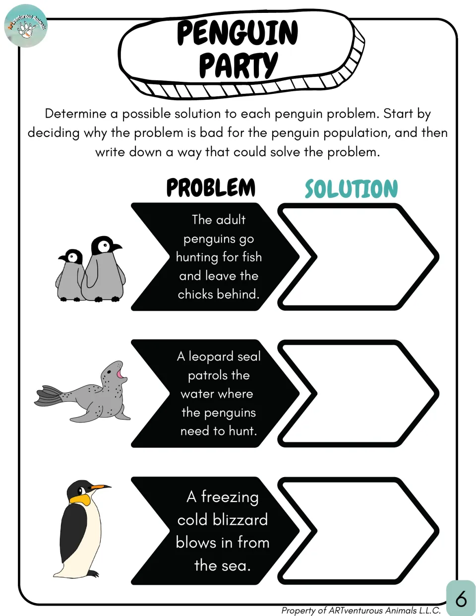 Penguin problem-solution exit ticket: students solve three problems: left-behind chicks, a leopard seal and a blizzard