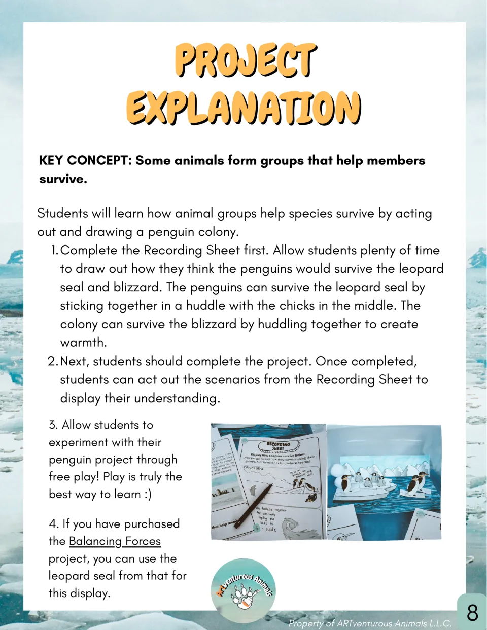 Project explanation: students draw and act out how a penguin colony survives a leopard seal and blizzard, with photos