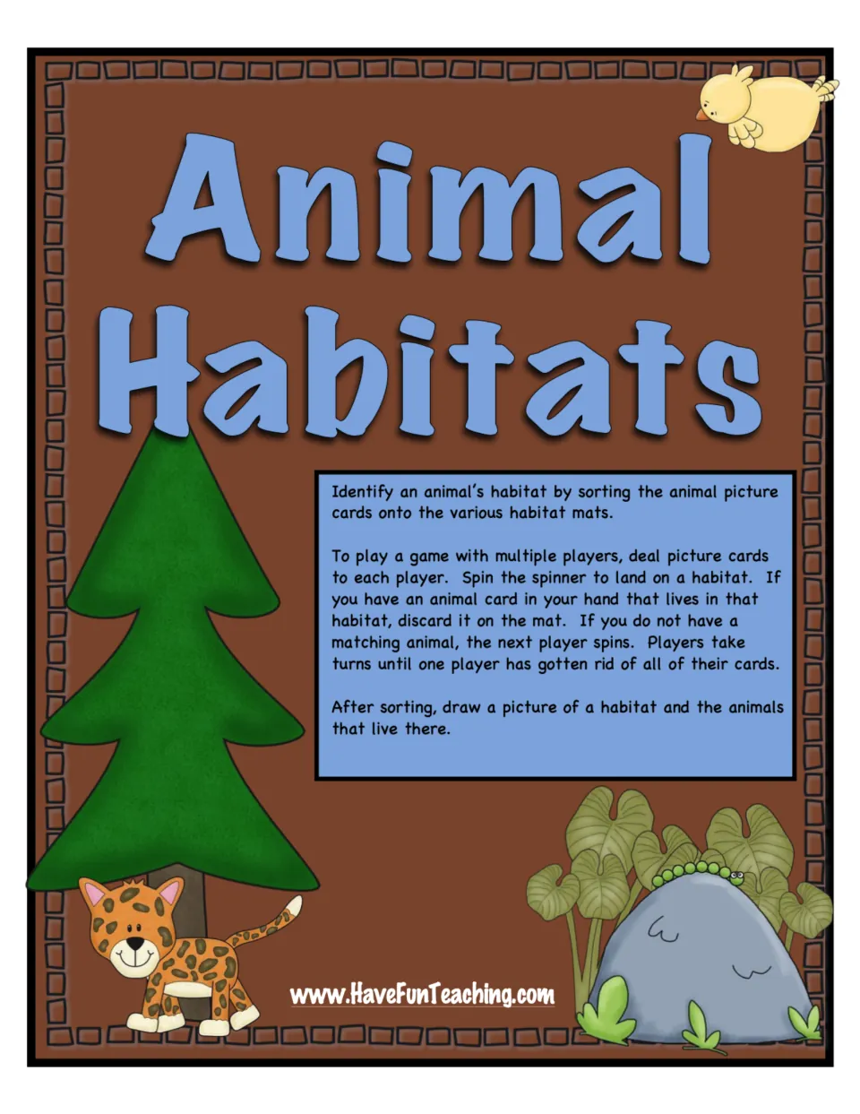 Animal Habitats cover with directions: sort animal picture cards onto habitat mats, play a spinner game, draw a habitat
