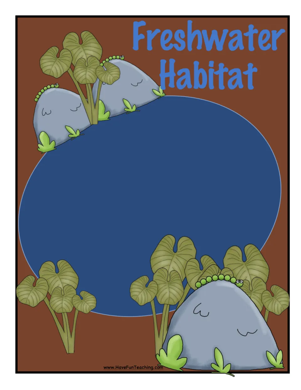 Freshwater Habitat sorting mat: a pond with rocks and leafy plants where students place cards for freshwater animals