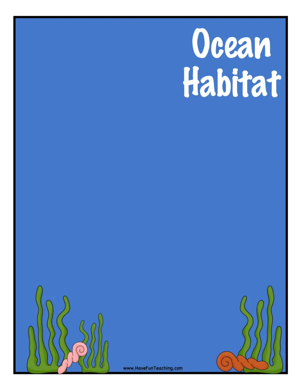Ocean Habitat sorting mat: blue water with seaweed and seashells, where students place cards for sea animals