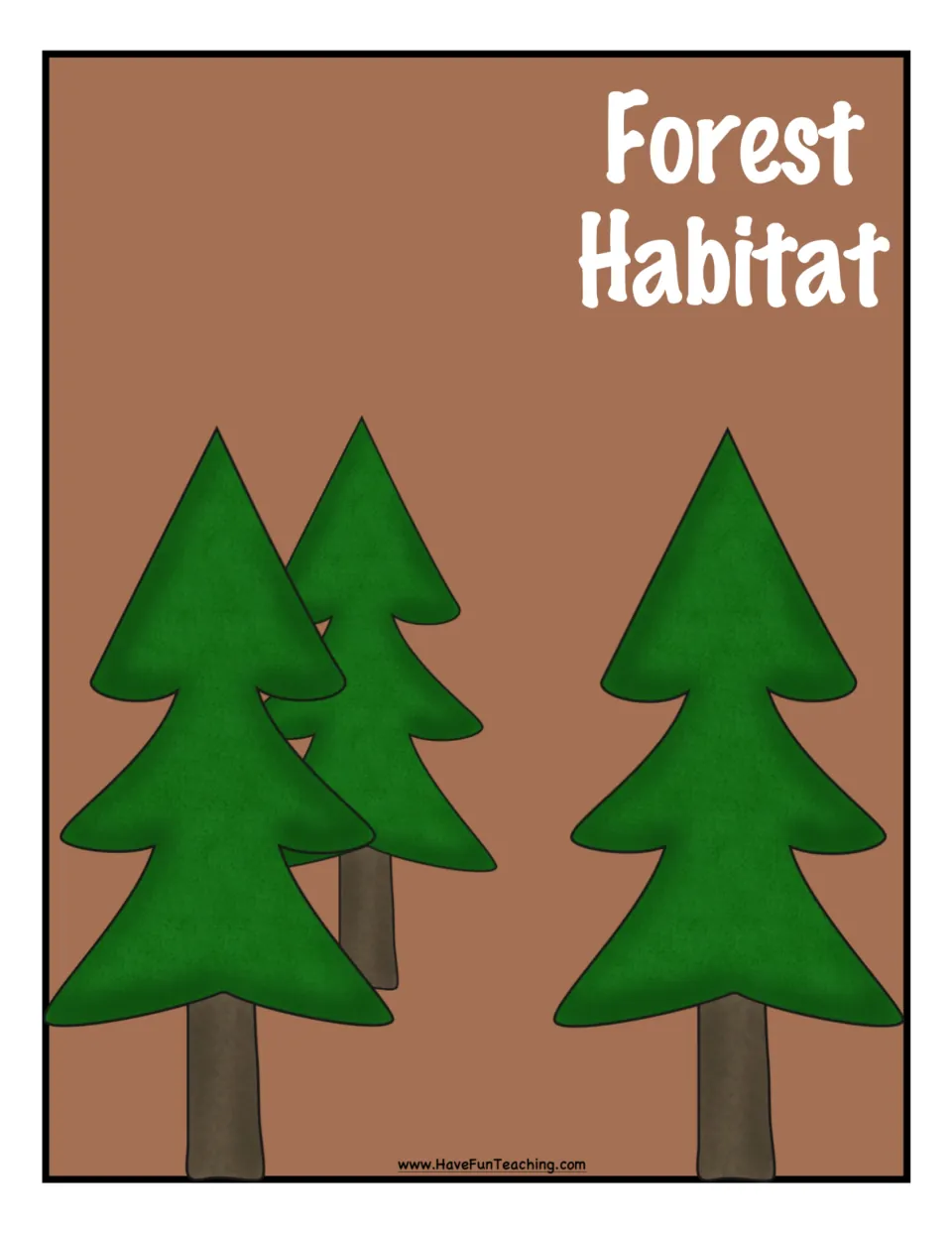 Forest Habitat sorting mat: three pine trees where students place cards for animals that live in the forest