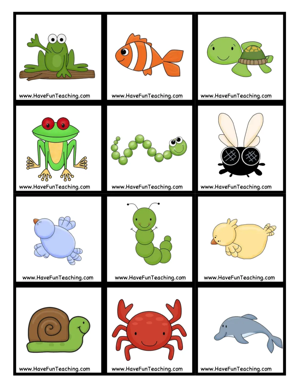 Animal picture cards to cut out: frogs, clownfish, sea turtle, inchworm, fly, birds, caterpillar, snail, crab and dolphin