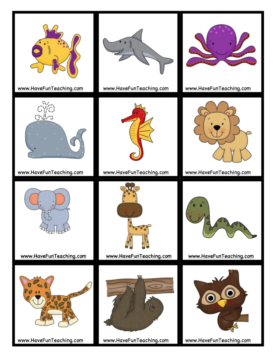 Animal picture cards: fish, shark, octopus, whale, seahorse, lion, elephant, giraffe, snake, spotted cat, sloth and owl