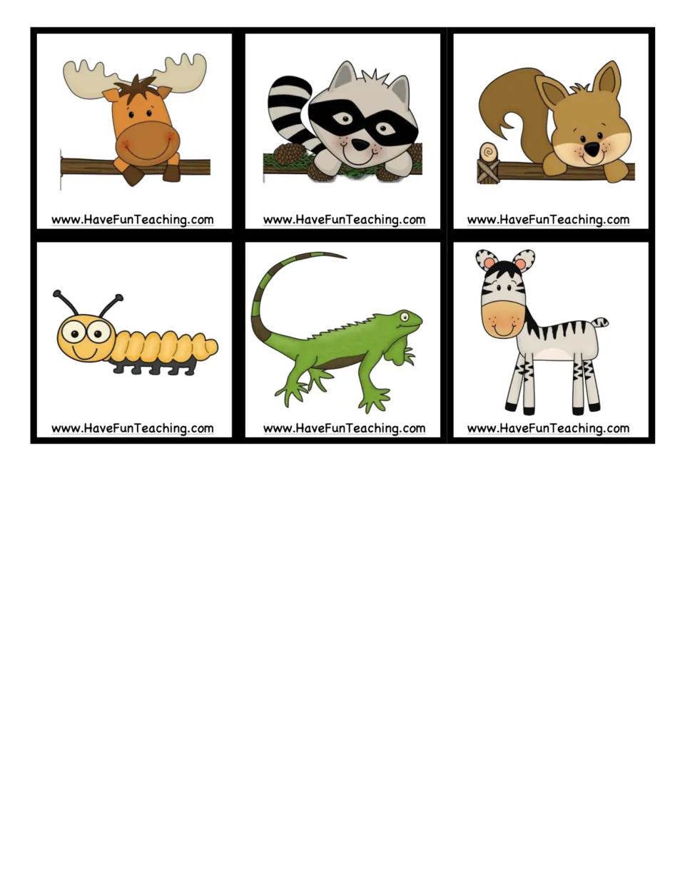 Set of six animal picture cards to cut out: moose, raccoon, squirrel, caterpillar, iguana and zebra for habitat sorting
