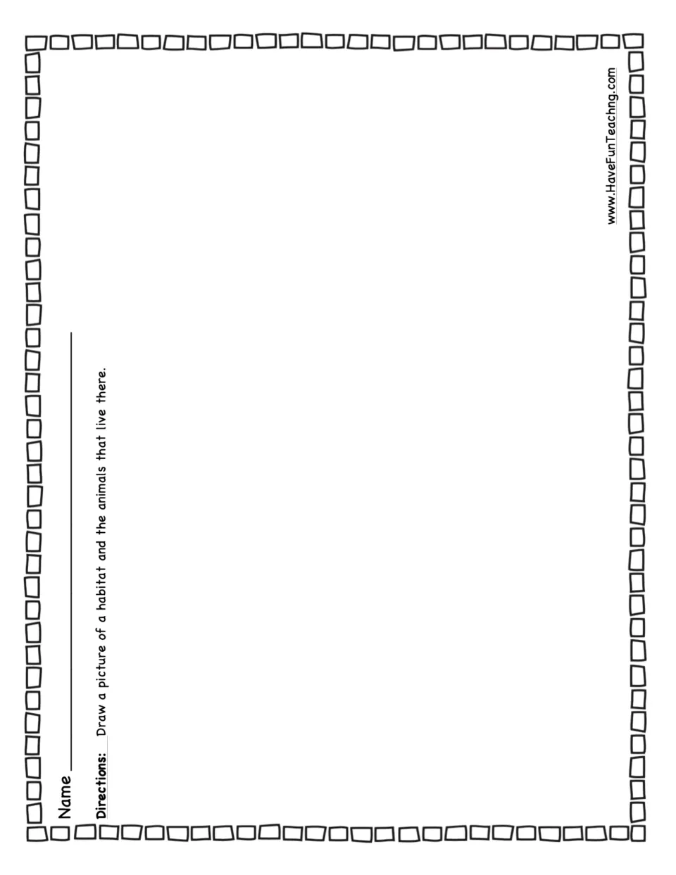 Habitat drawing page: students draw a picture of one habitat and the animals that live there, with a name line