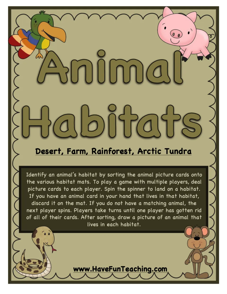 Animal Habitats cover for desert, farm, rainforest and arctic tundra, with directions for sorting cards and a spinner game