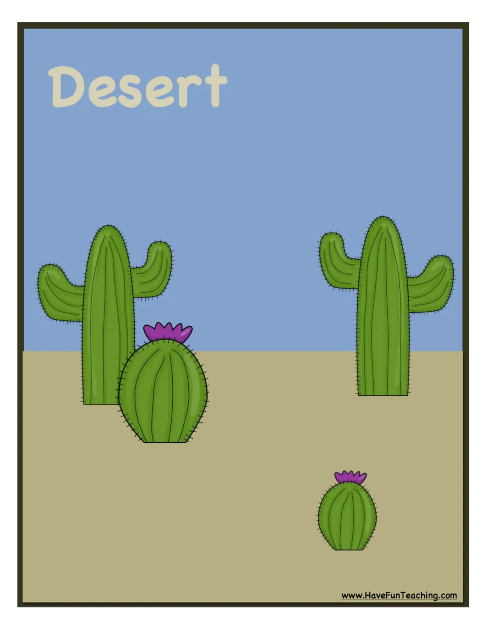 Desert habitat mat showing saguaro and flowering barrel cacti on sand, where students place desert animal cards