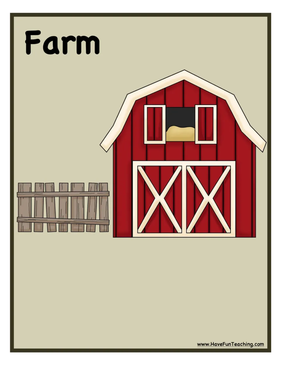 Farm habitat mat with a red barn and wooden fence, where students sort cards for animals that live on a farm