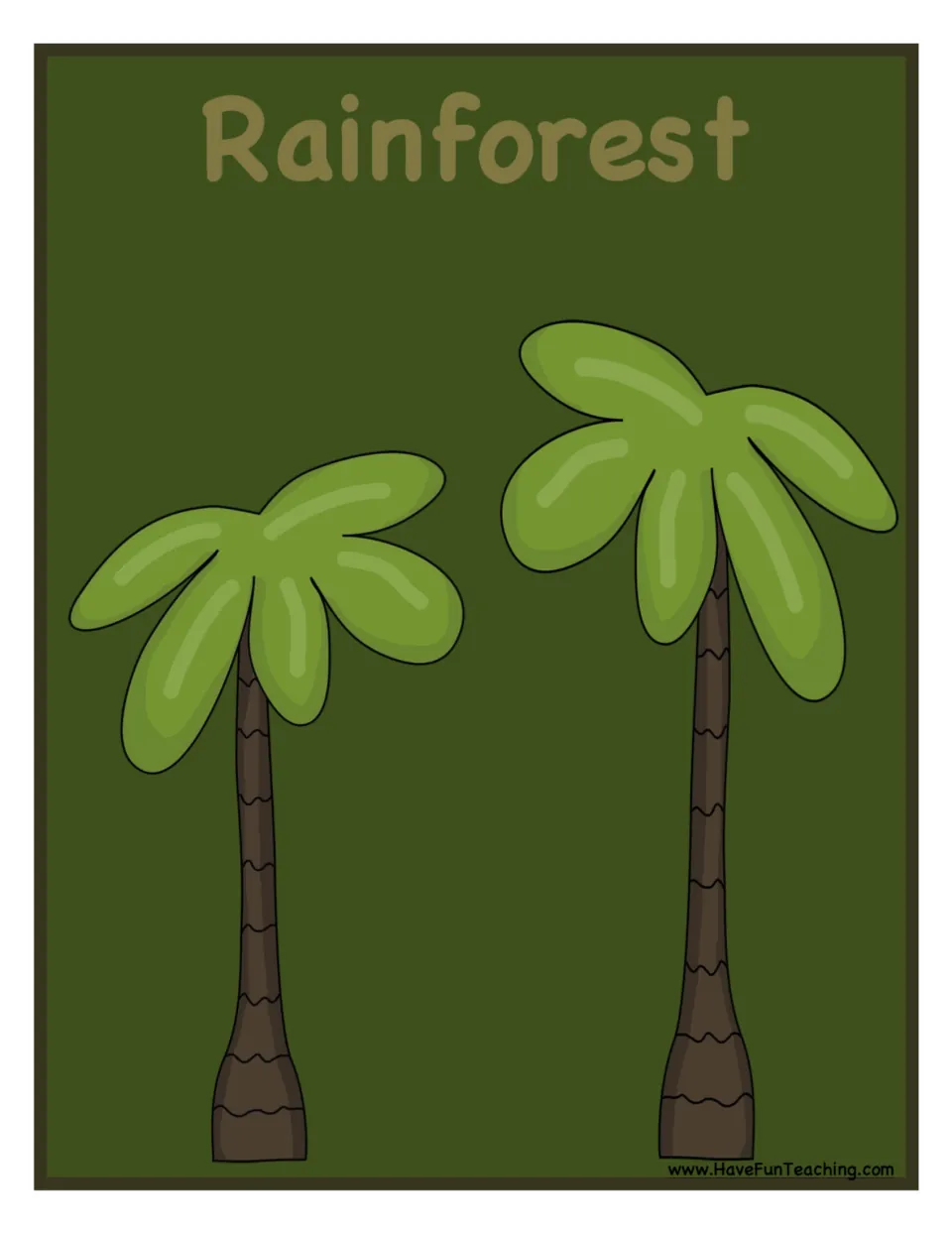 Rainforest habitat mat showing two tall palm-style trees on dark green, for placing animal cards that belong there