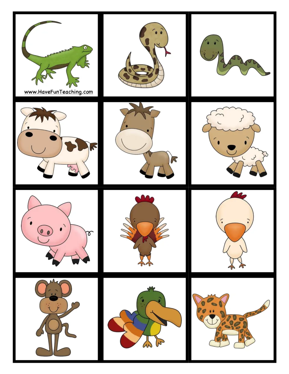 Animal picture cards to cut out: lizard, two snakes, cow, horse, sheep, pig, turkey, chicken, monkey, bird and spotted cat