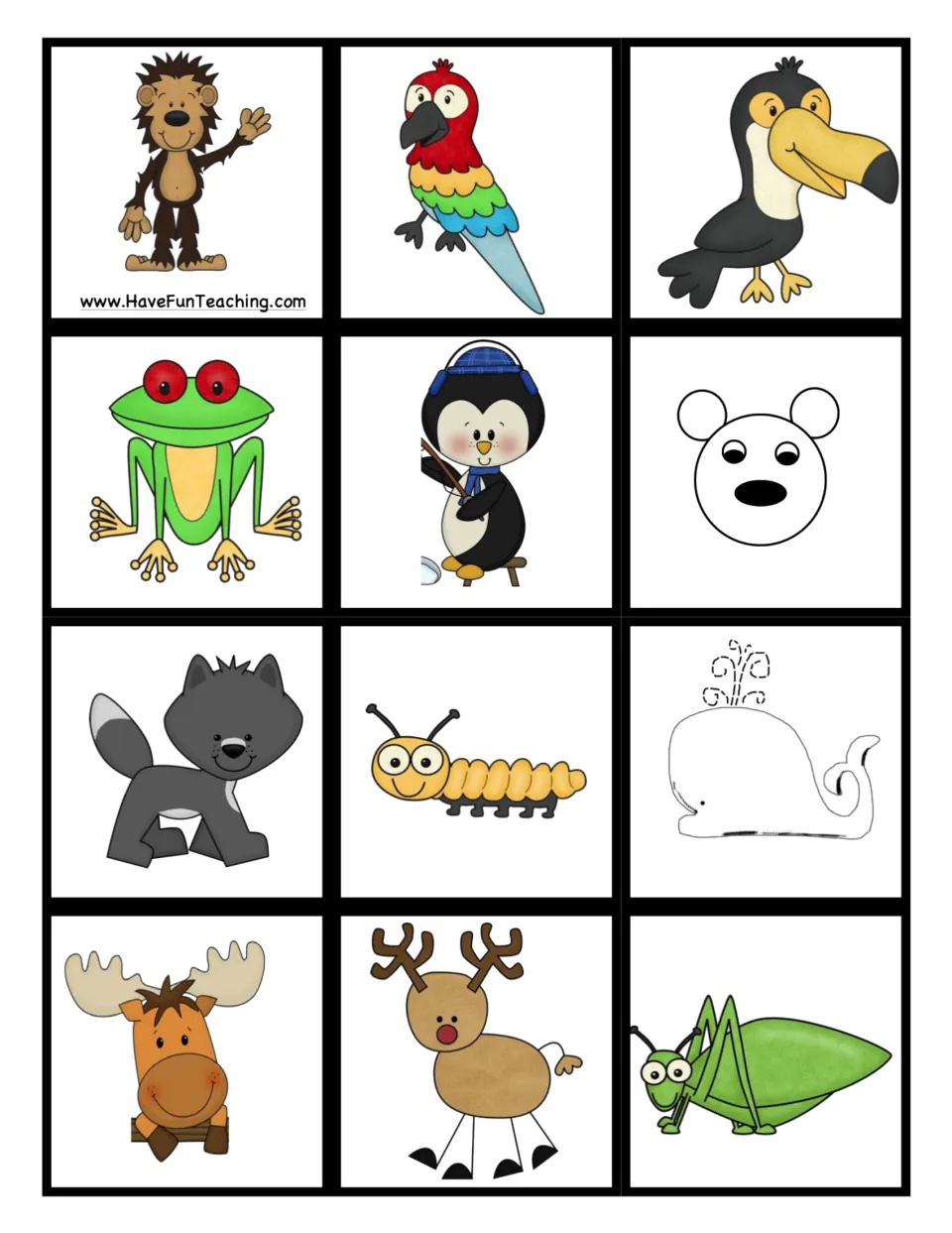 Animal cards to cut out, including a parrot, toucan, red-eyed frog, penguin, polar bear, whale, moose and reindeer