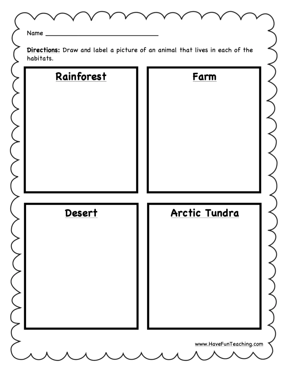 Habitat drawing page: students draw and label an animal that lives in the rainforest, farm, desert and arctic tundra