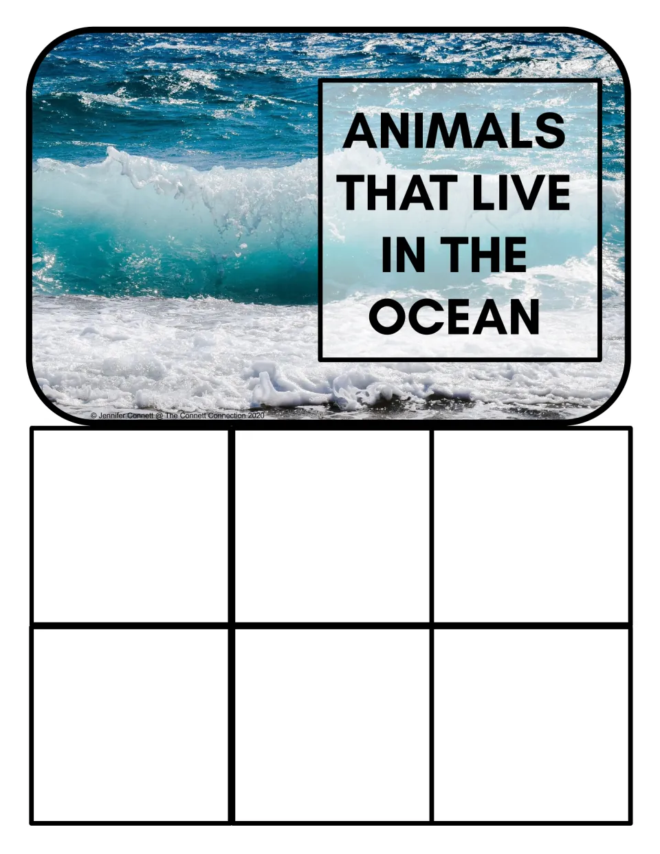 Ocean habitat sorting mat labeled 'Animals that live in the ocean', with a photograph of breaking waves