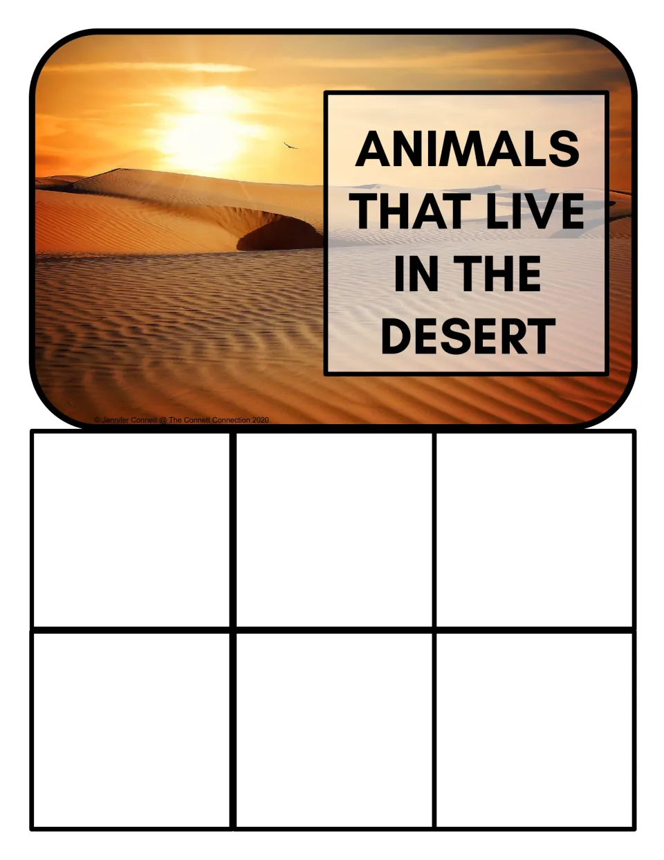 Desert habitat sorting mat labeled 'Animals that live in the desert', with a photograph of sand dunes