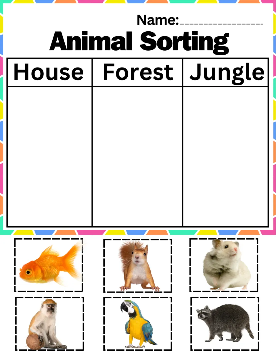 Habitat sort: students cut out goldfish, squirrel, hamster, monkey, parrot and raccoon photos for house, forest, jungle
