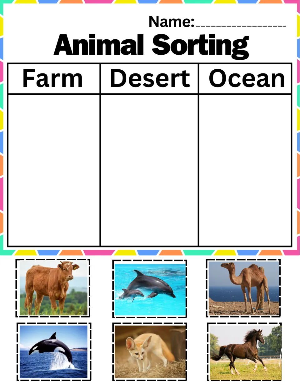 Farm, desert or ocean sort: students cut out cow, dolphin, camel, orca, fennec fox and horse photos to glue by habitat
