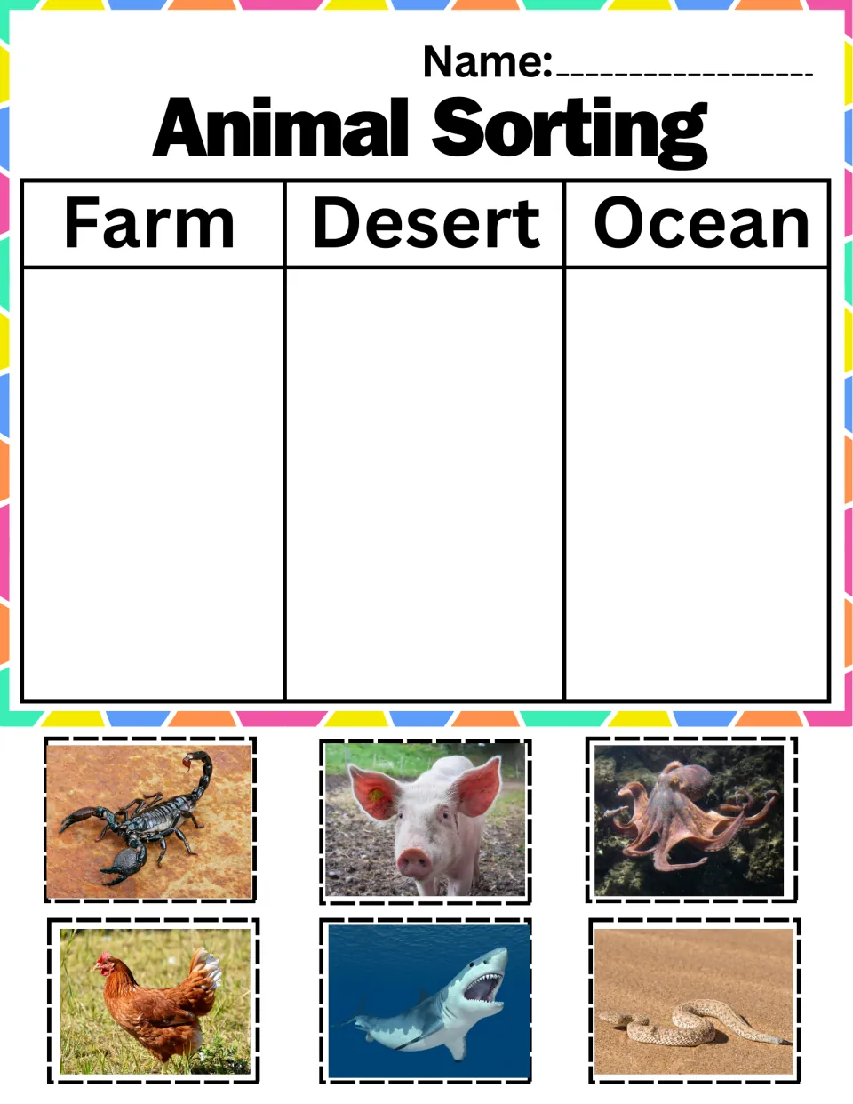 Habitat cut and paste: students sort scorpion, pig, octopus, hen, shark and snake photos into farm, desert or ocean