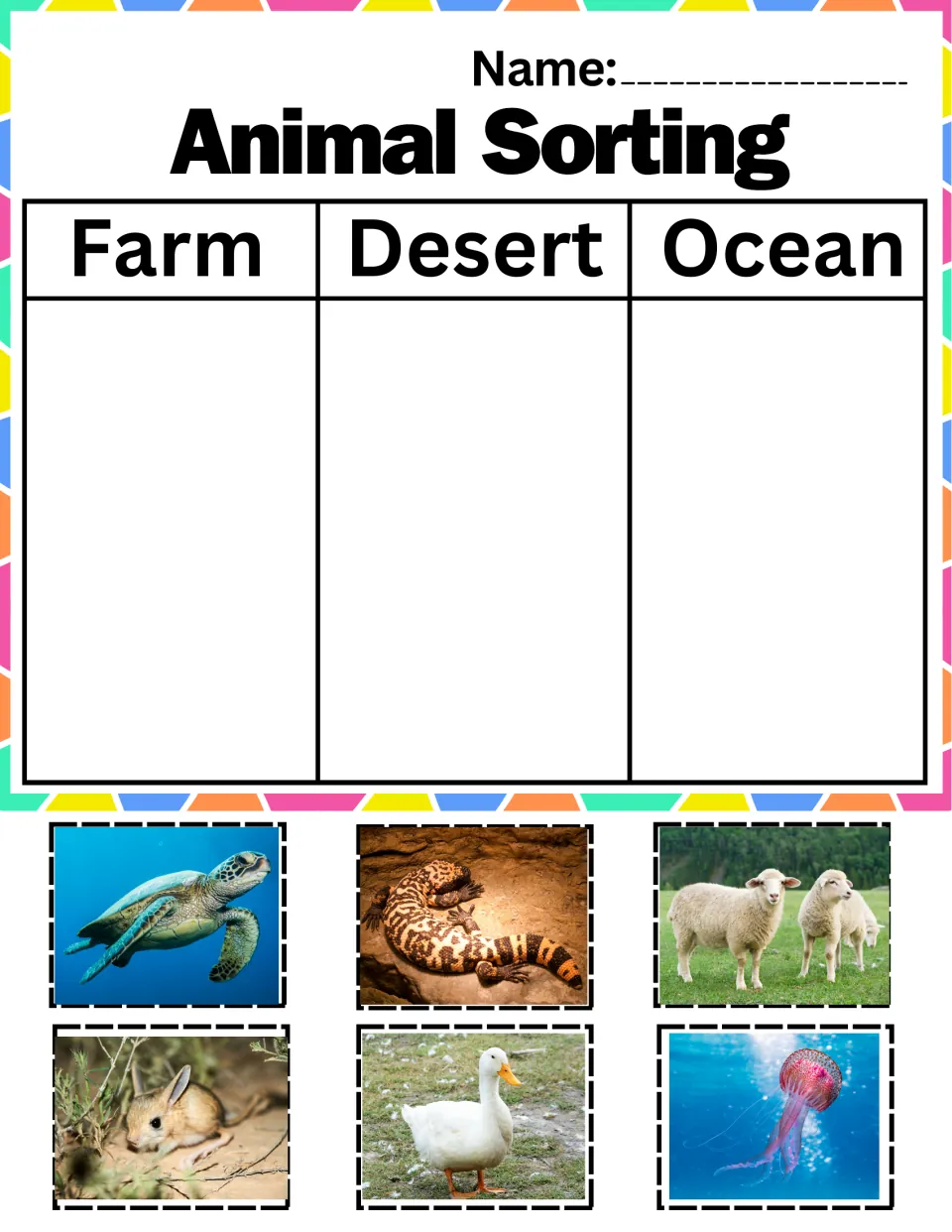 Classify by habitat: students glue sea turtle, Gila monster, sheep, jerboa, duck and jellyfish under farm, desert, ocean