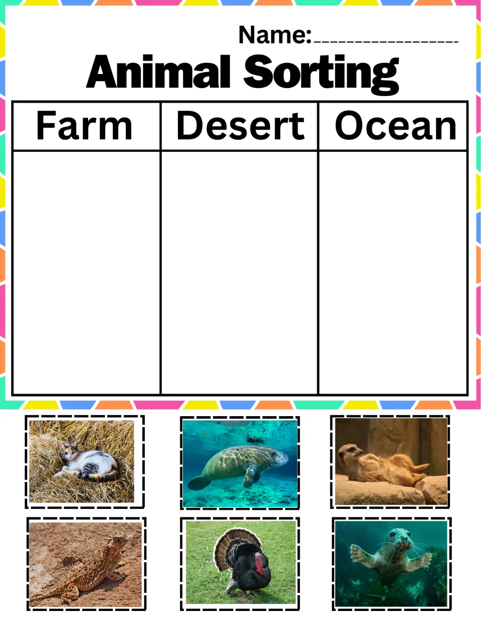 Farm, desert, ocean animal sort: students cut cat, manatee, meerkat, horned lizard, turkey and seal photos to glue