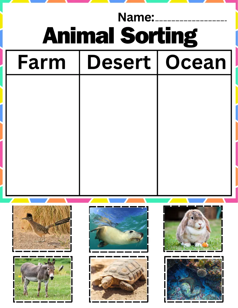 Where animals live sort: roadrunner, sea lion, rabbit, donkey, tortoise and sea star cards for farm, desert or ocean