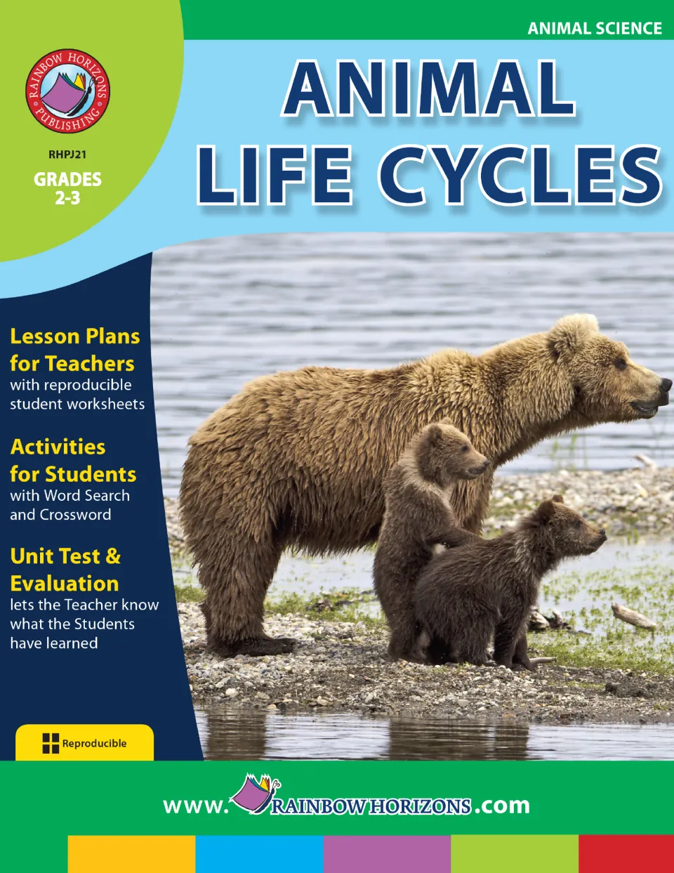 Animal Life Cycles cover, Grades 2-3: lesson plans, word search, crossword and unit test, with a bear and two cubs photo