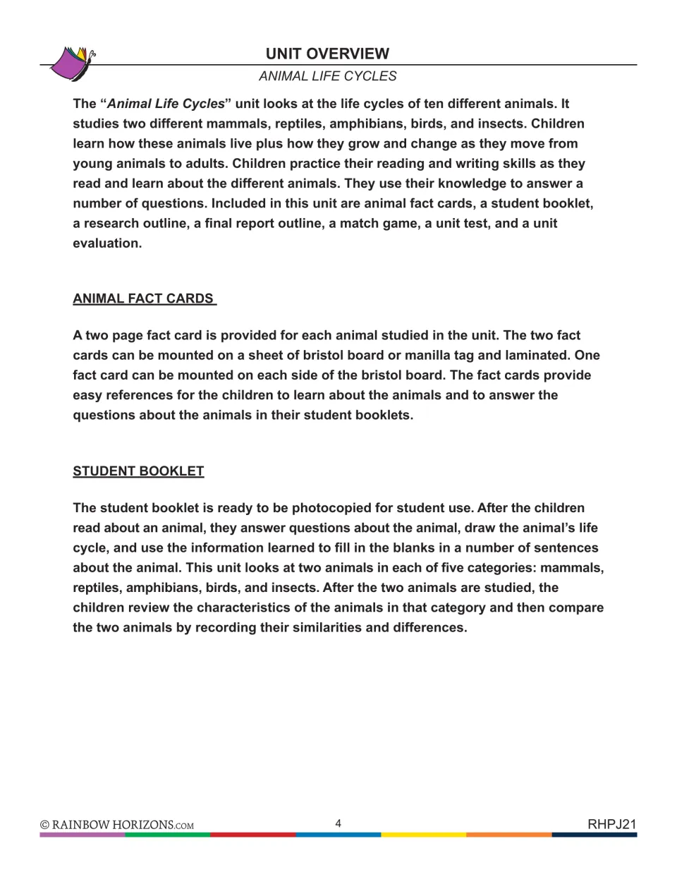 Unit overview: life cycles of two mammals, reptiles, amphibians, birds and insects, with notes on fact cards and booklets