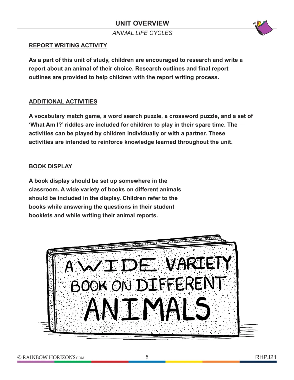 Unit overview continued: animal report writing, vocabulary match, word search, crossword and riddles, plus a book display