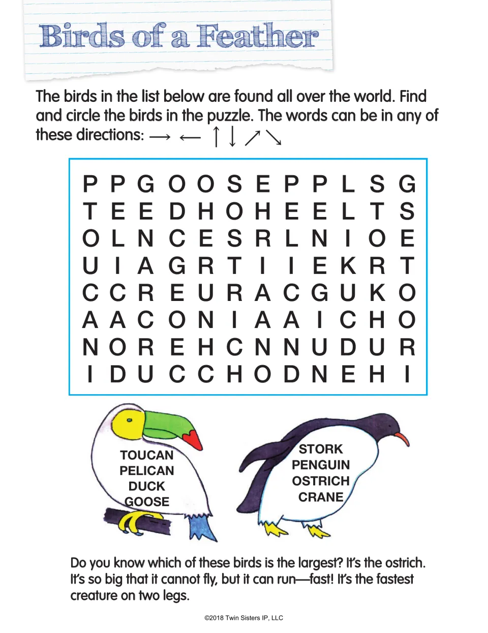 Birds of a Feather: students find and circle 8 birds, such as toucan, pelican, penguin and ostrich, in a letter puzzle